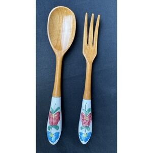 VTG Salad Serving Set Wood Heads & Hand Painted Porcelain Floral Handles